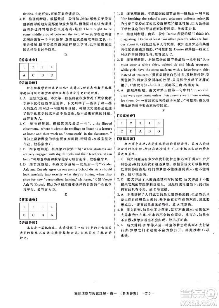 唐人英語2018頂尖訓練完形填空與閱讀理解160篇高一參考答案