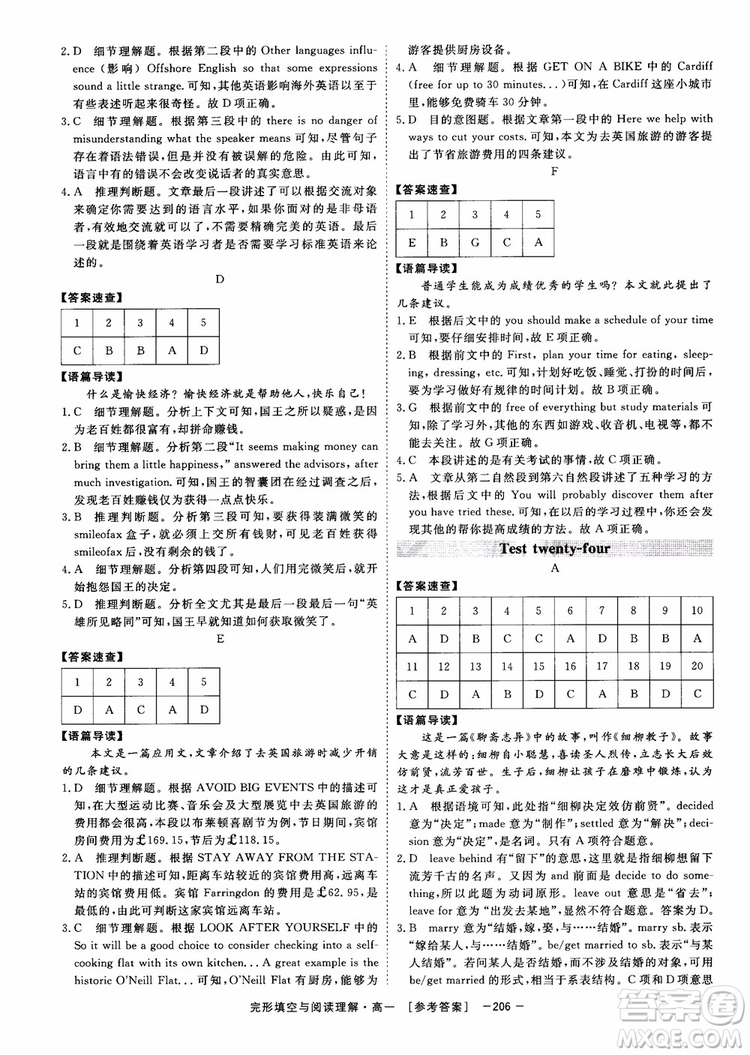 唐人英語2018頂尖訓練完形填空與閱讀理解160篇高一參考答案