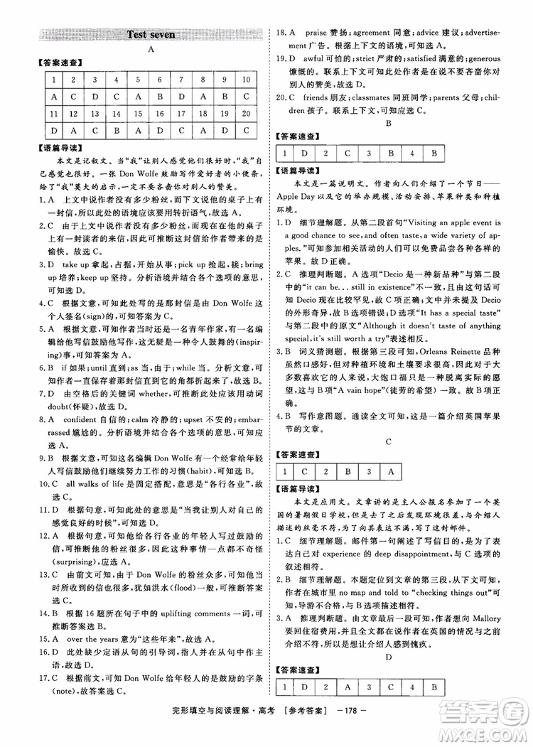 唐人英語(yǔ)2019頂尖訓(xùn)練高考完形填空與閱讀理解160篇參考答案