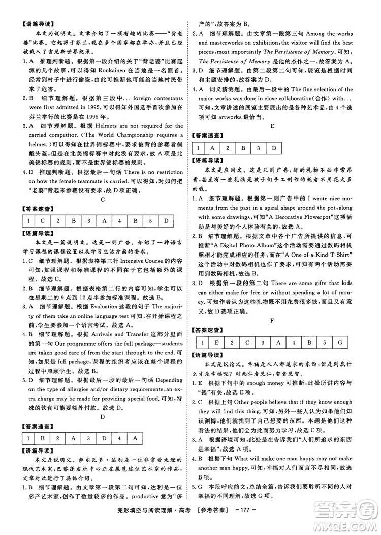 唐人英語(yǔ)2019頂尖訓(xùn)練高考完形填空與閱讀理解160篇參考答案