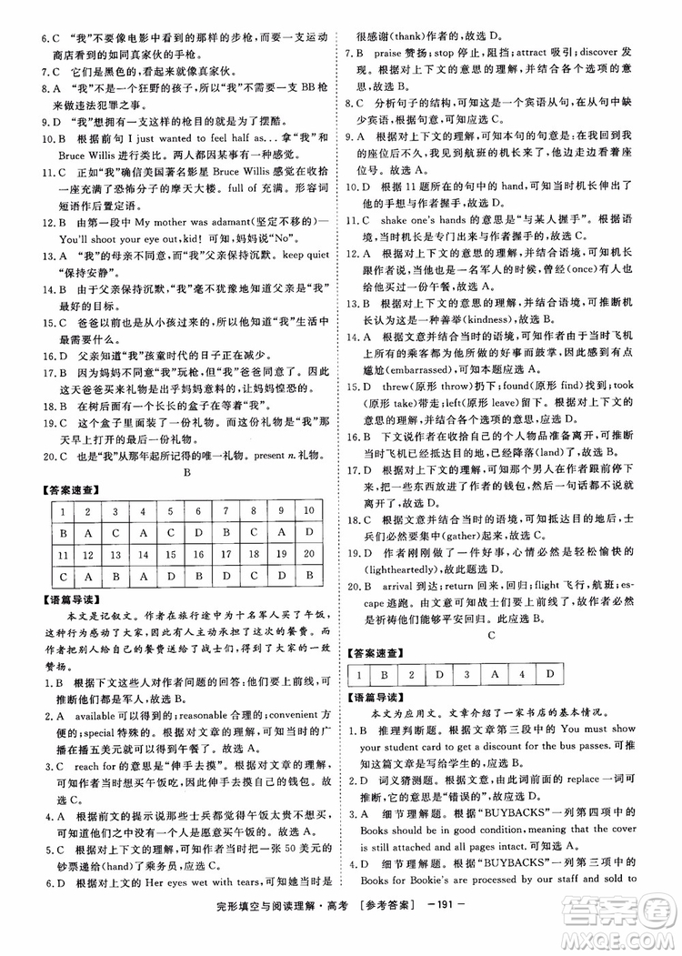 唐人英語(yǔ)2019頂尖訓(xùn)練高考完形填空與閱讀理解160篇參考答案