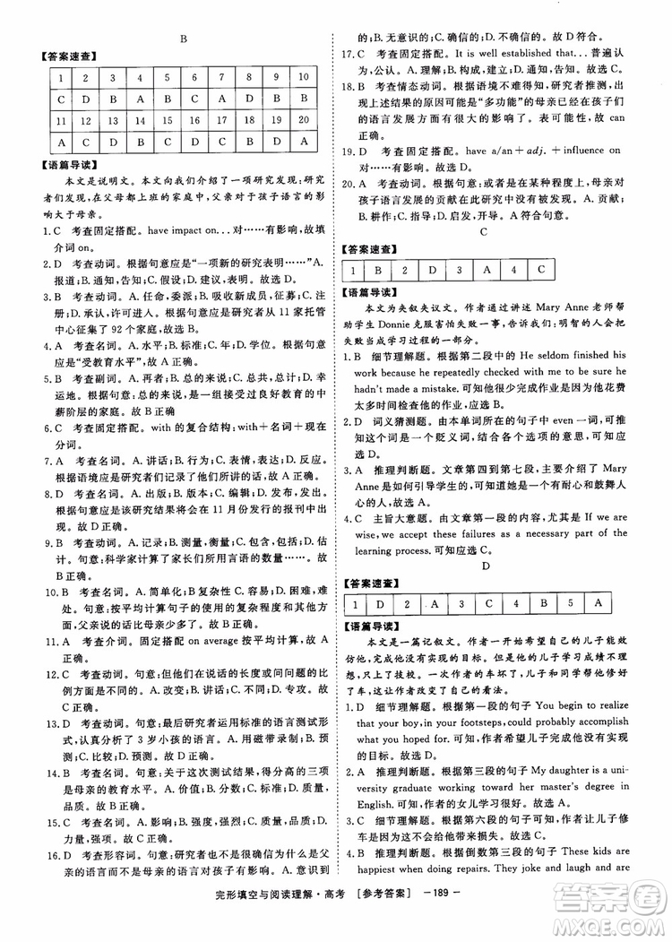 唐人英語(yǔ)2019頂尖訓(xùn)練高考完形填空與閱讀理解160篇參考答案