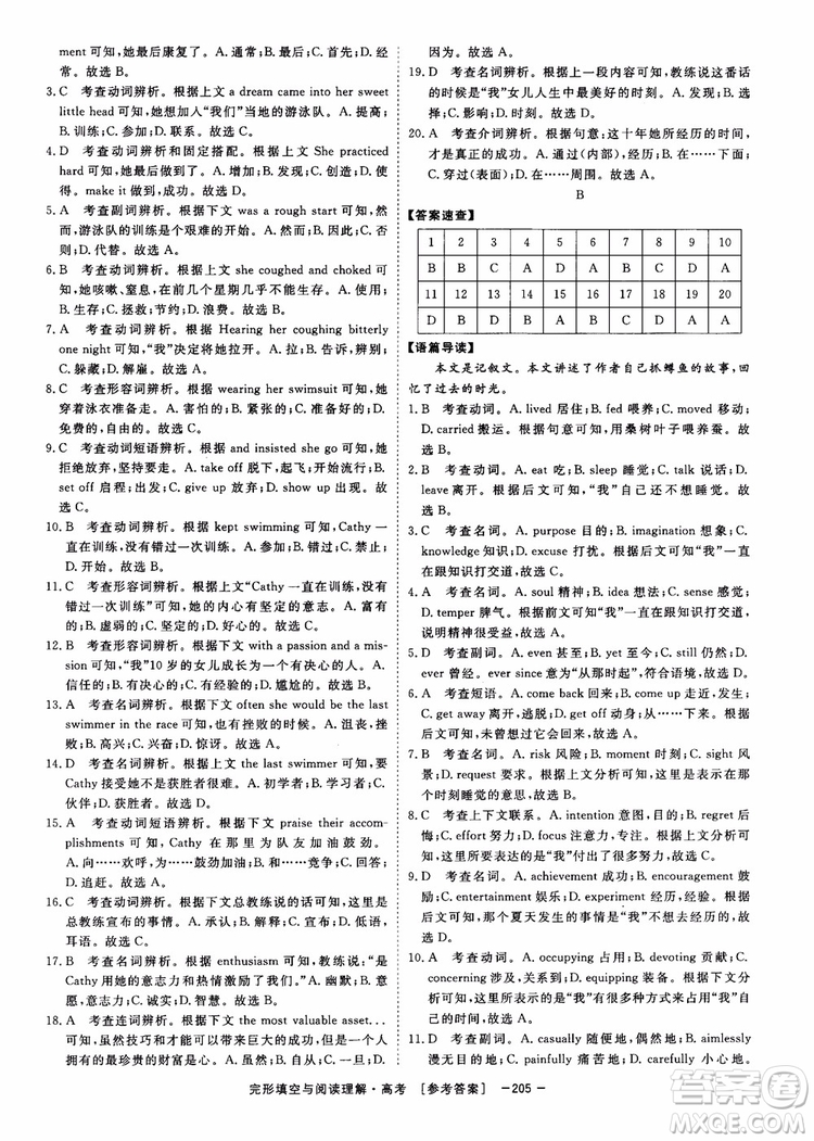 唐人英語(yǔ)2019頂尖訓(xùn)練高考完形填空與閱讀理解160篇參考答案