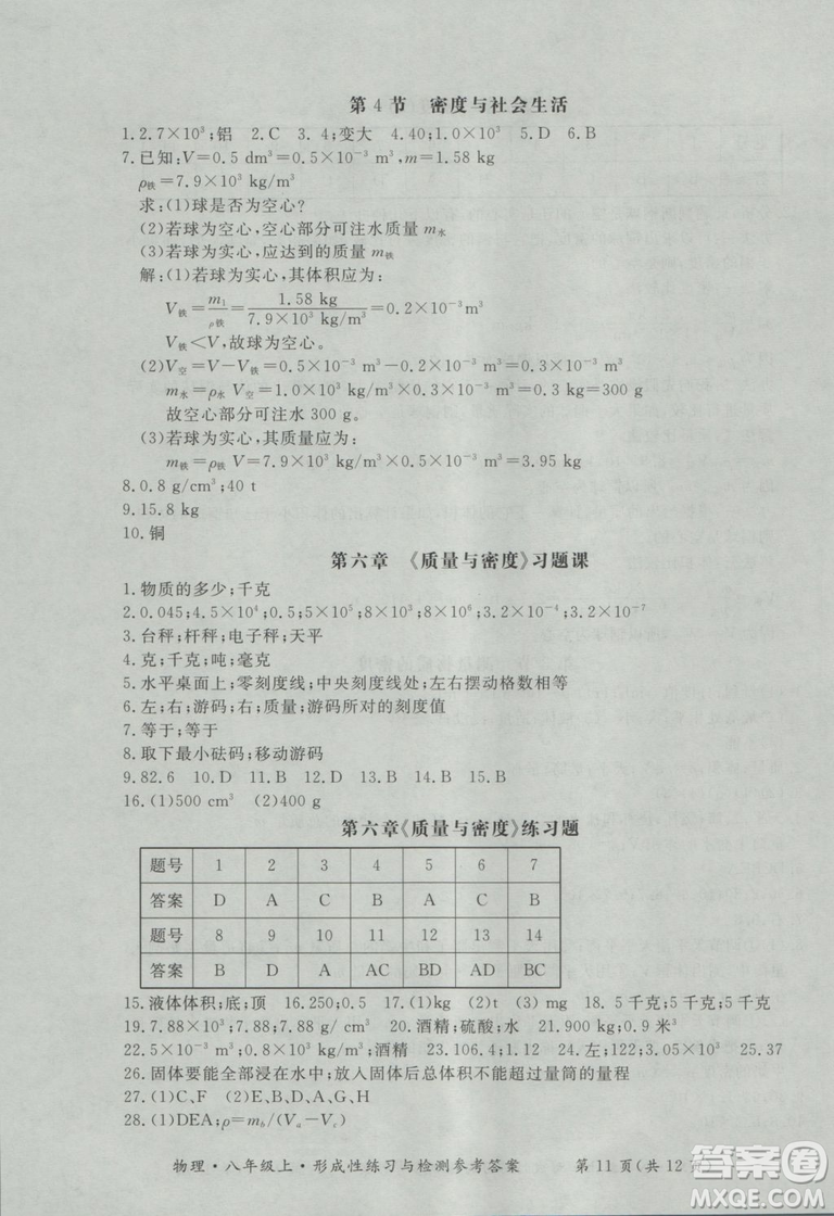 2018年新課標(biāo)形成性練習(xí)與檢測(cè)八年級(jí)物理上冊(cè)參考答案