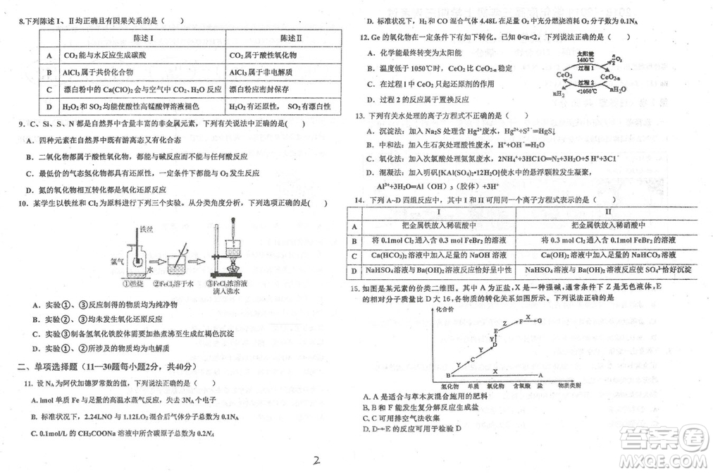 2019屆河北省衡水中學高三上學期三調(diào)考試化學試題及答案