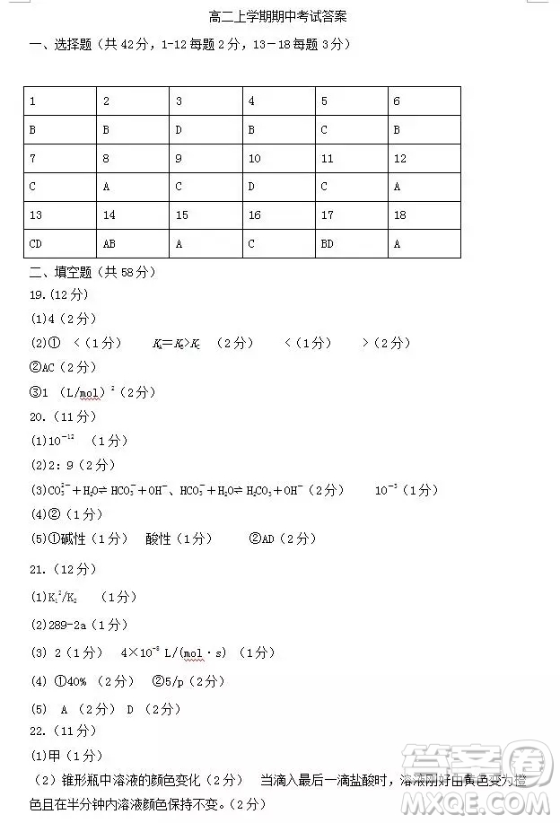 哈爾濱大慶實(shí)驗(yàn)中學(xué)2018年高二上學(xué)期期中考試化學(xué)試卷答案