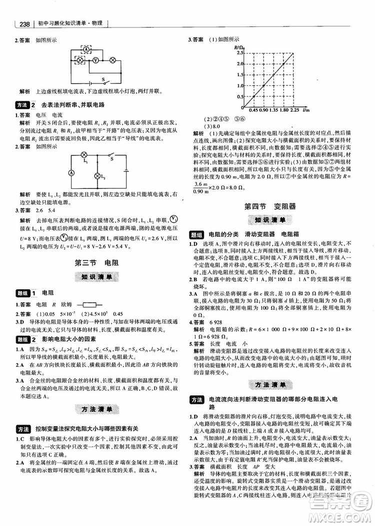 曲一線2019版初中習(xí)題化知識(shí)清單物理第2次修訂參考答案