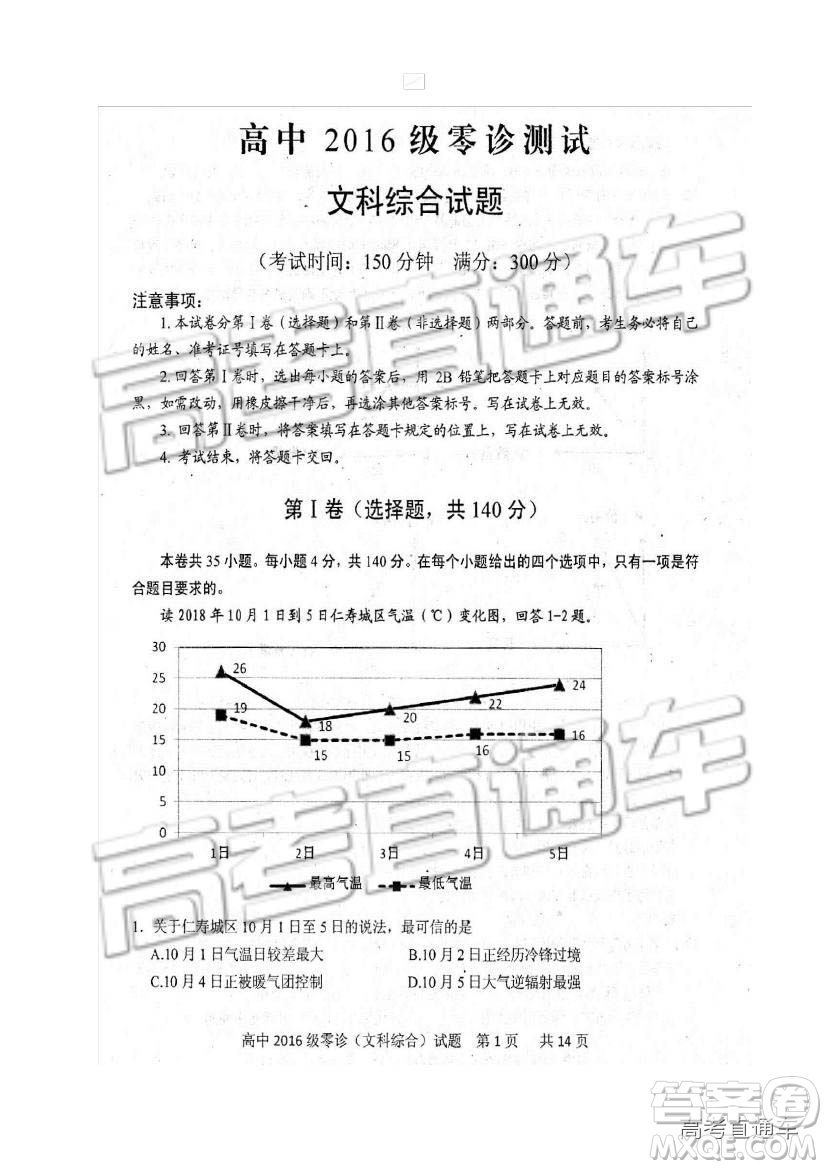 2019四川省仁壽縣高三11月份零診測(cè)試文綜試題及參考答案