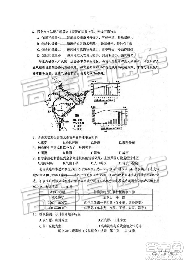 2019四川省仁壽縣高三11月份零診測(cè)試文綜試題及參考答案