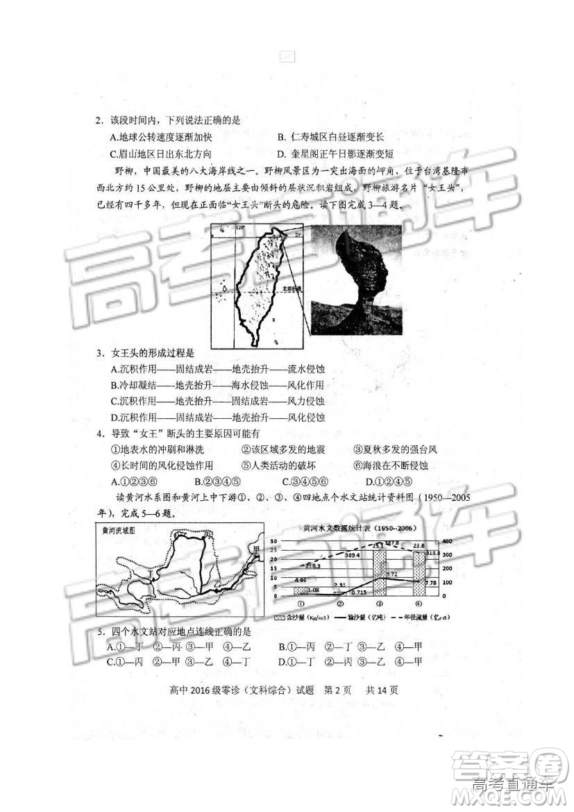 2019四川省仁壽縣高三11月份零診測(cè)試文綜試題及參考答案