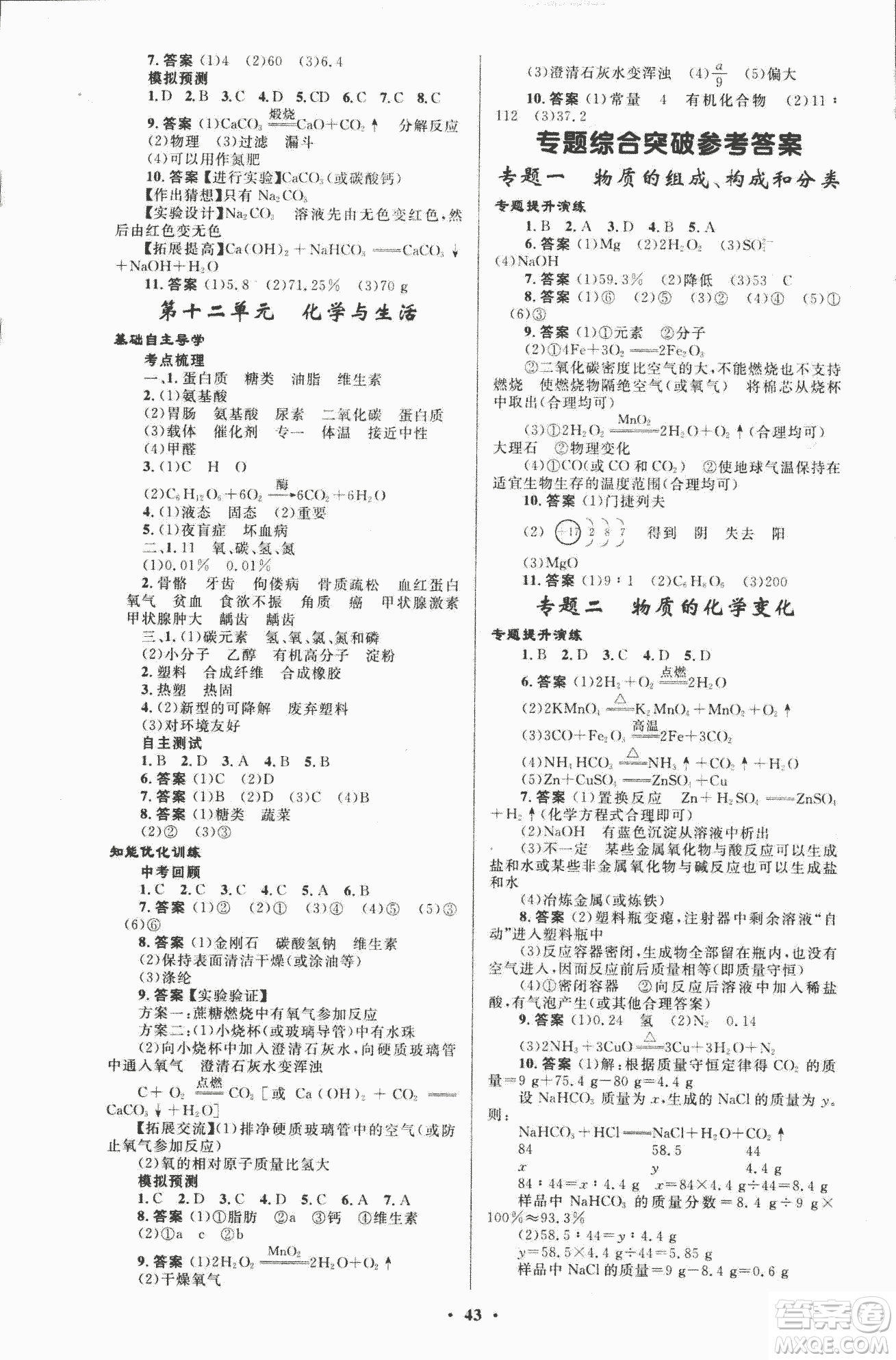 初中總復習優(yōu)化設計2018人教版化學參考答案