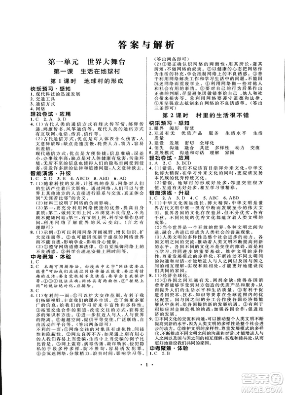 2018新版初中同步測控優(yōu)化設(shè)計九年級全一冊思想品德人民版答案