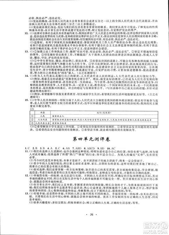 2018新版初中同步測控優(yōu)化設(shè)計九年級全一冊思想品德人民版答案