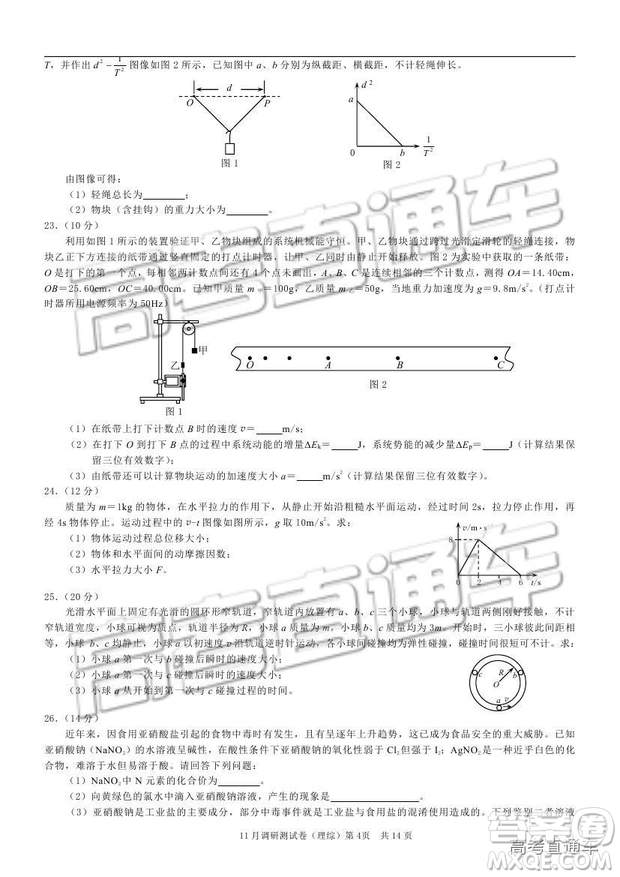 2019重慶市普通高等學(xué)校招生全國統(tǒng)一考試11月調(diào)研測試?yán)砭C試題及參考答案