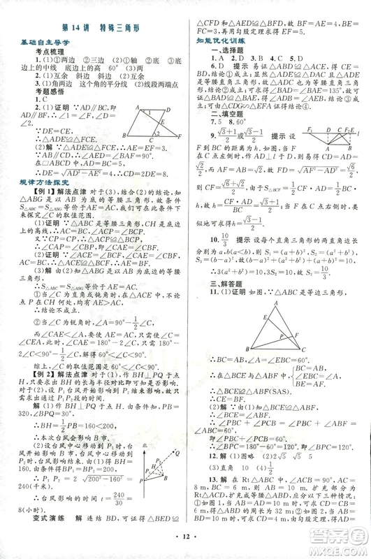 2018年初中總復(fù)習(xí)優(yōu)化設(shè)計(jì)浙江專版數(shù)學(xué)參考答案