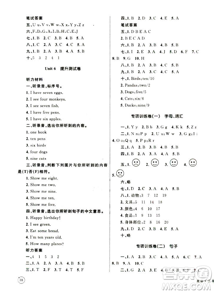 優(yōu)化設(shè)計(jì)2018版單元測(cè)試卷三年級(jí)英語上冊(cè)人教版參考答案