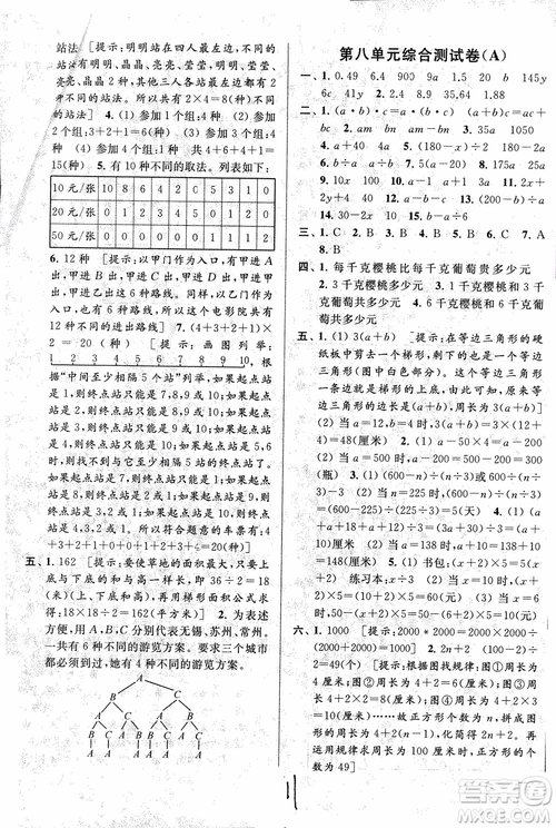 2018亮點(diǎn)給力大試卷數(shù)學(xué)五年級(jí)上冊(cè)新課標(biāo)江蘇版參考答案