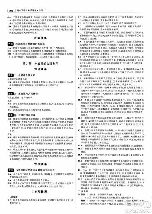 2018年高中習(xí)題化知識(shí)清單地理參考答案