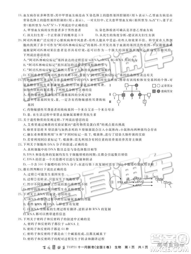 百校聯(lián)盟2019屆TOP20十一月高三聯(lián)考全國Ⅱ卷生物試題及參考答案