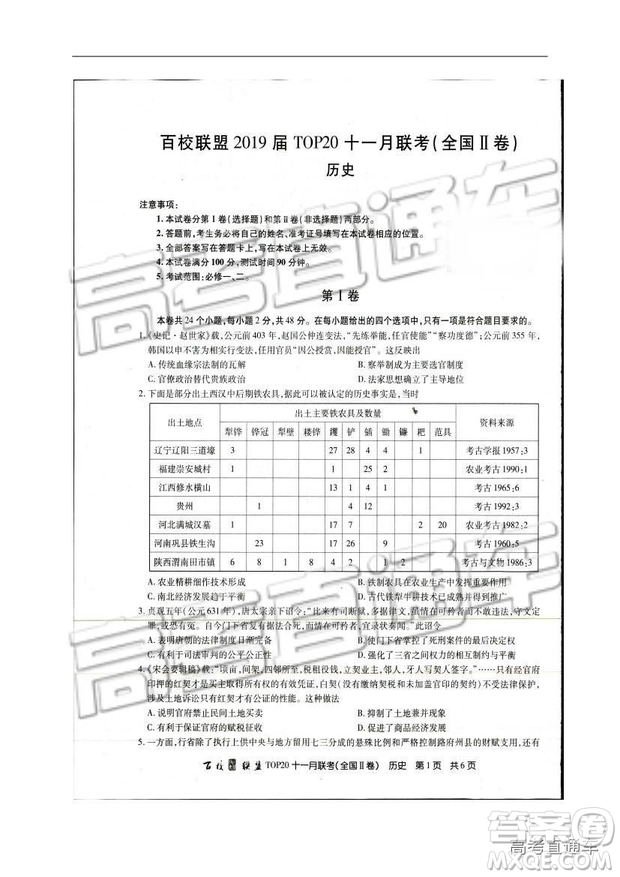 百校聯(lián)盟2019屆TOP20十一月高三聯(lián)考全國Ⅱ卷歷史試題及參考答案