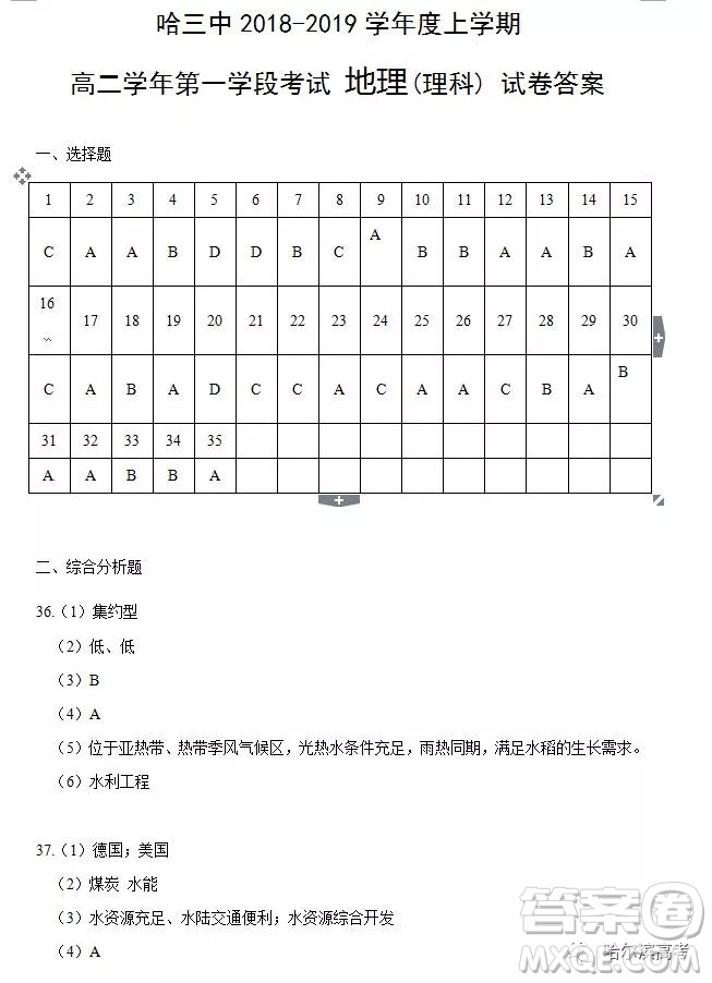 哈三中2018高二期中考試文科綜合試卷答案