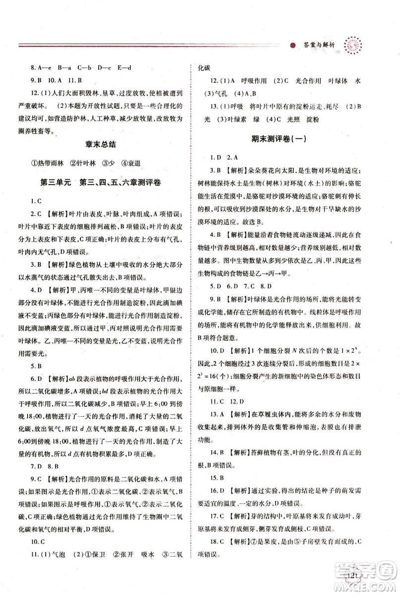 2018年績優(yōu)學(xué)案七年級上冊生物人教版參考答案