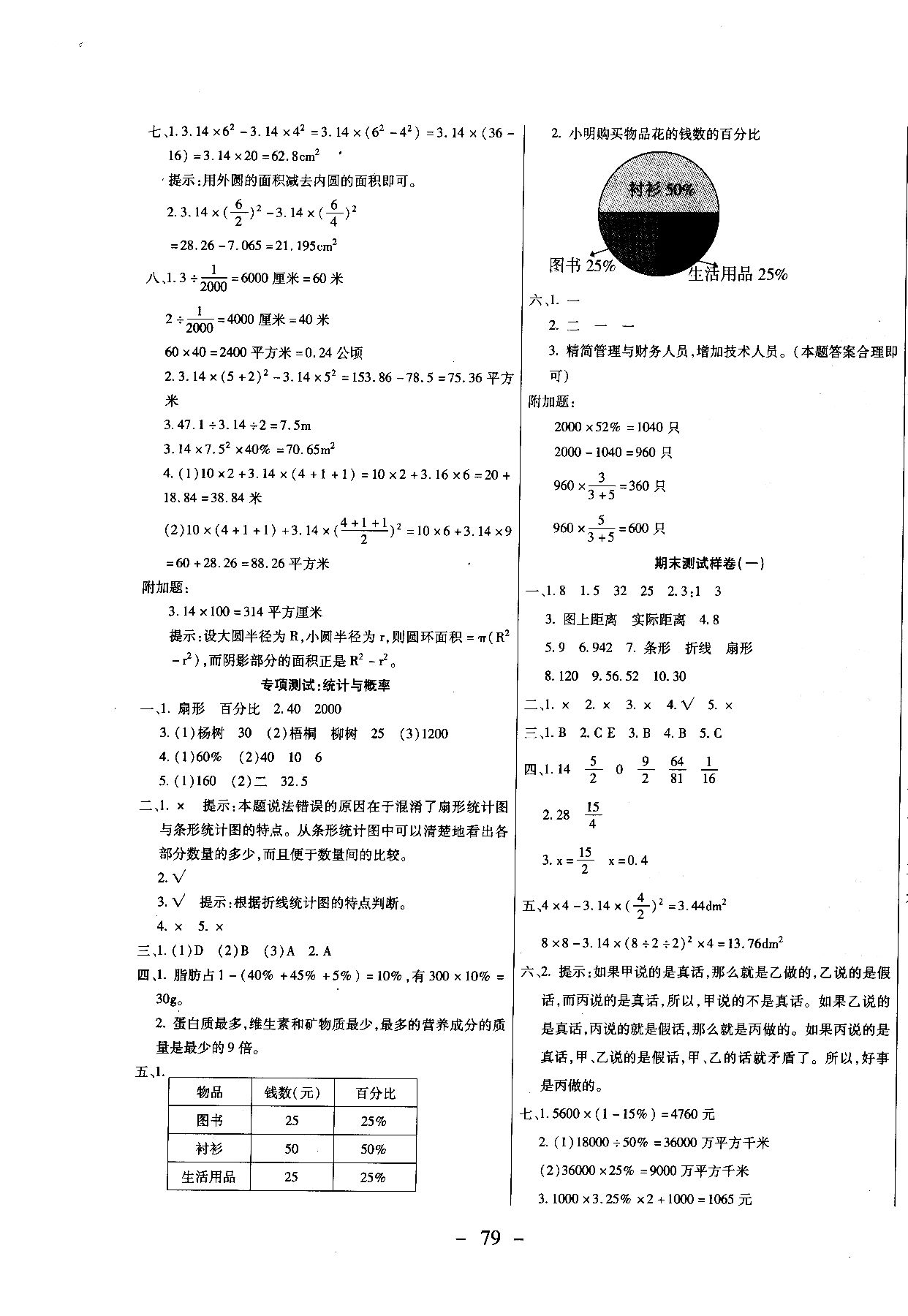 2018期末沖刺100分全程密卷六年級(jí)上冊數(shù)學(xué)冀教參考答案