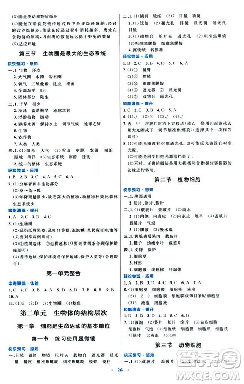 2018年人教版初中同步測控優(yōu)化設(shè)計(jì)七年級上冊生物學(xué)福建專版答案