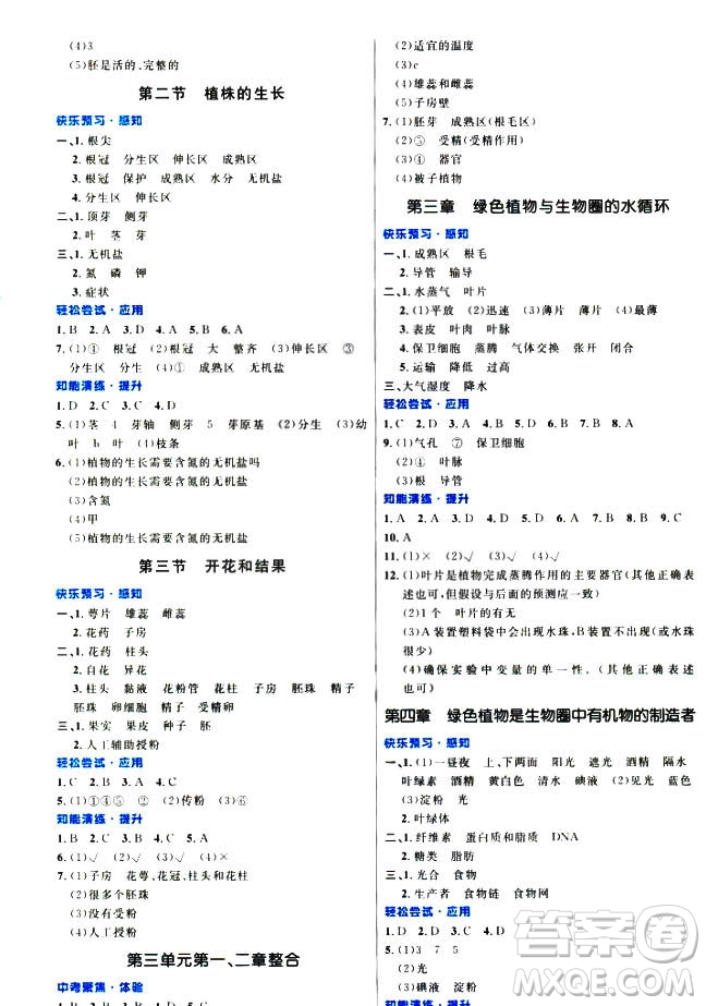 2018年人教版初中同步測控優(yōu)化設(shè)計(jì)七年級上冊生物學(xué)福建專版答案