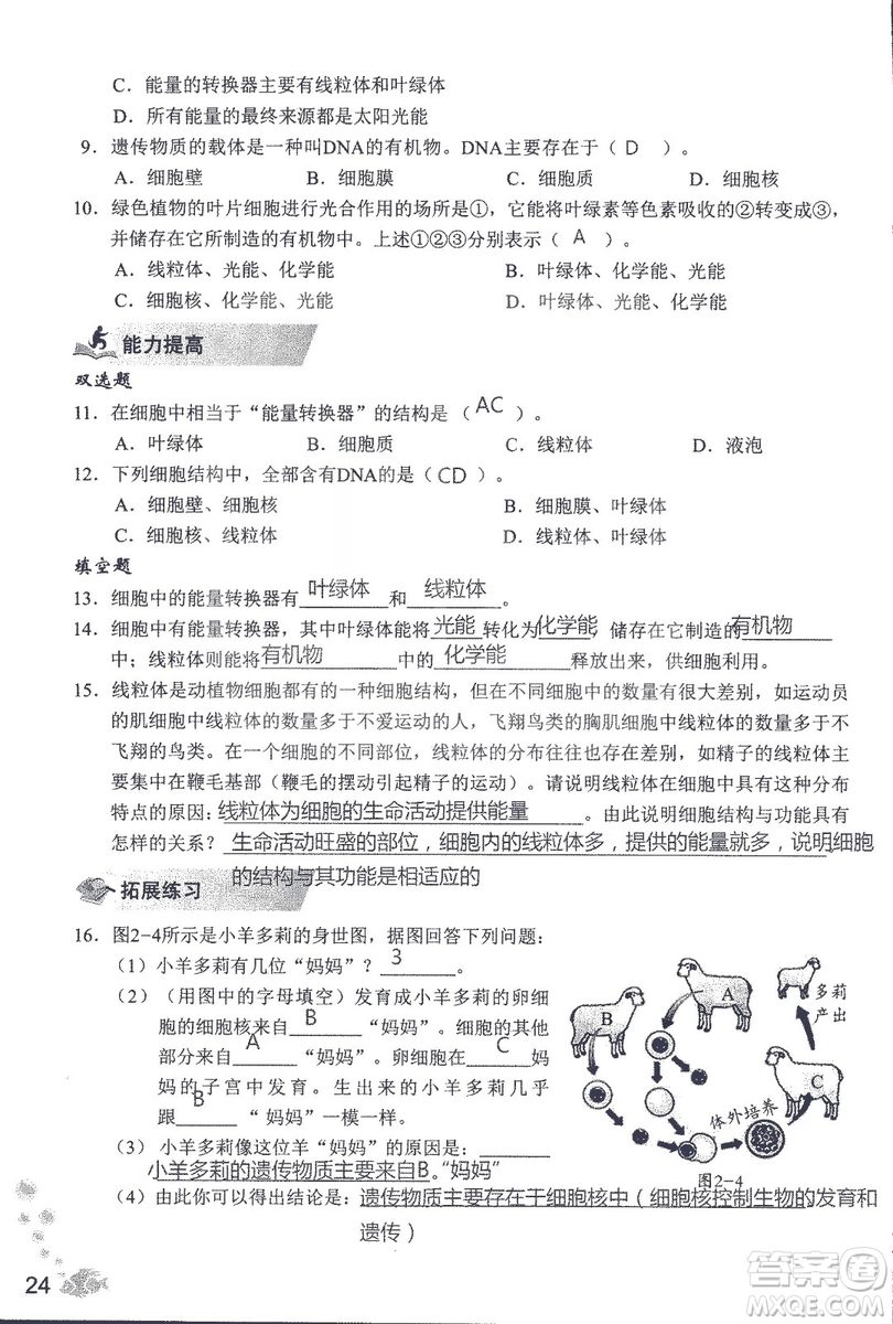 2018秋知識與能力訓練生物學七年級上冊人教版答案