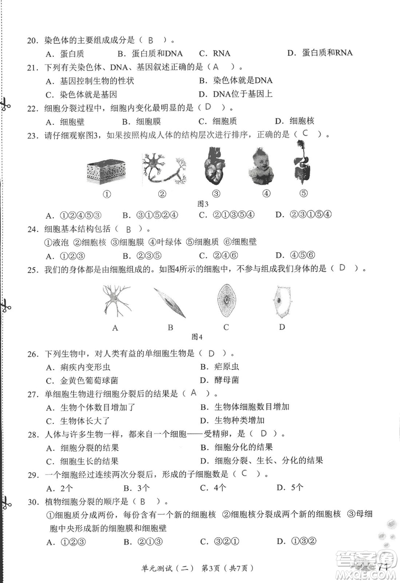 2018秋知識與能力訓練生物學七年級上冊人教版答案