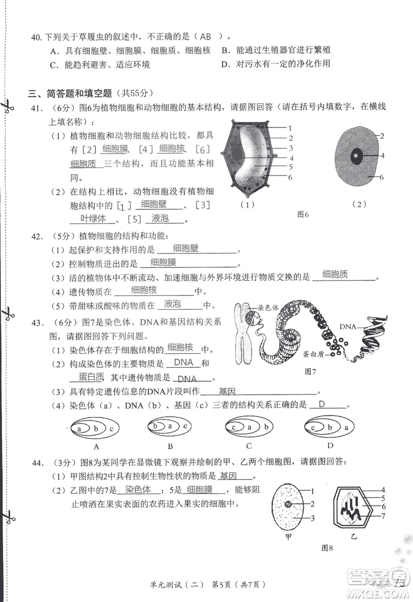 2018秋知識與能力訓練生物學七年級上冊人教版答案