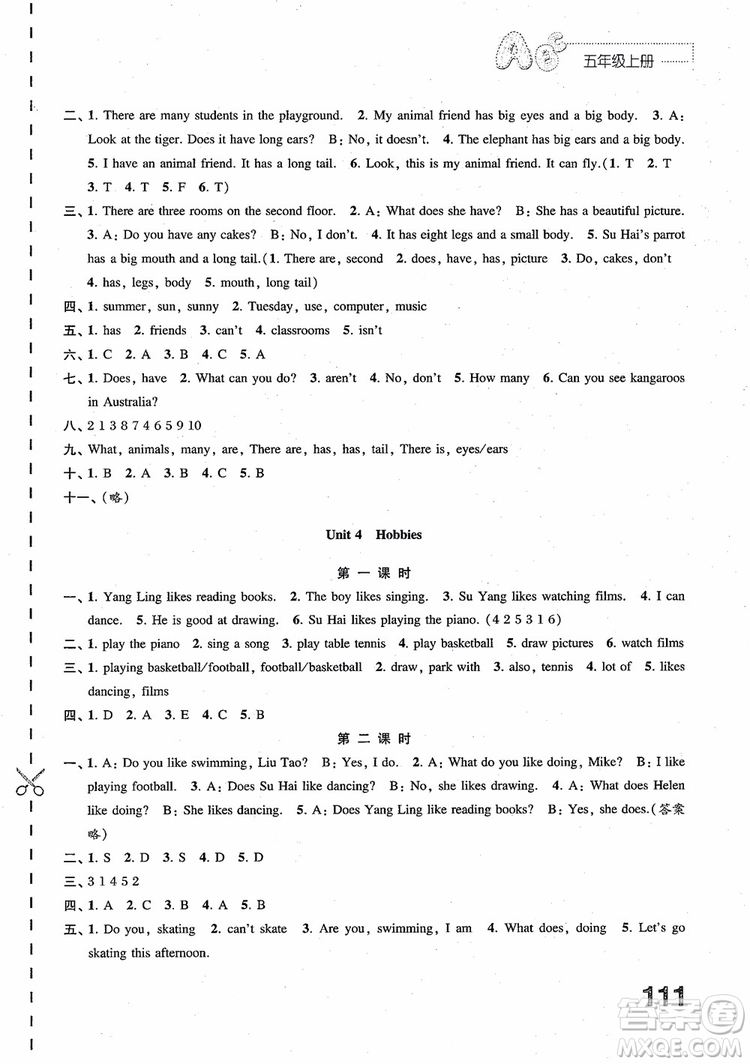 2018年蘇教版練習(xí)與測(cè)試小學(xué)英語五年級(jí)上冊(cè)參考答案