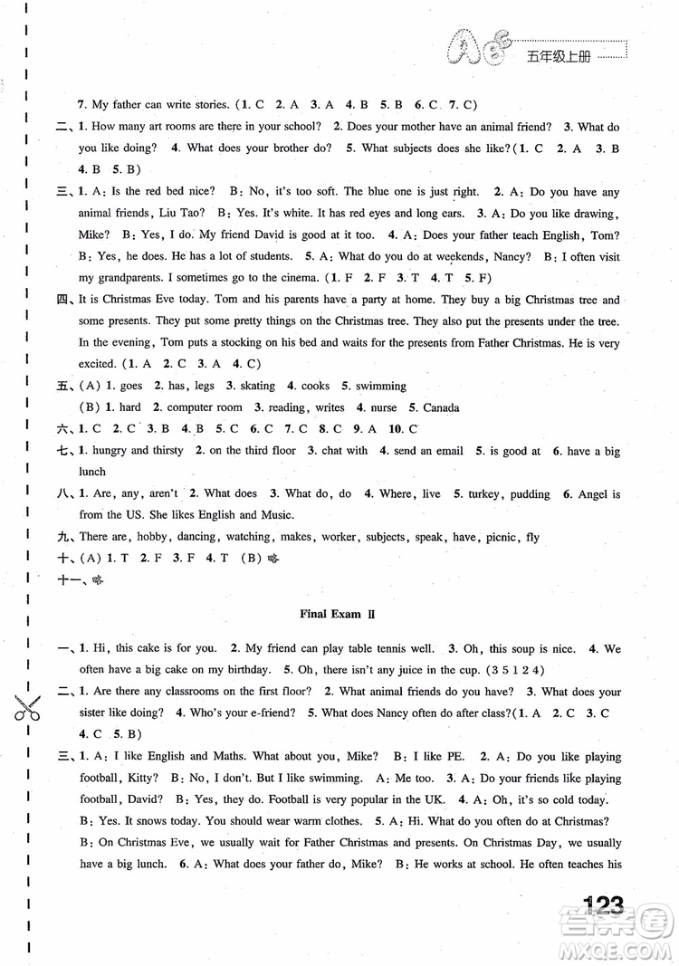 2018年蘇教版練習(xí)與測(cè)試小學(xué)英語五年級(jí)上冊(cè)參考答案