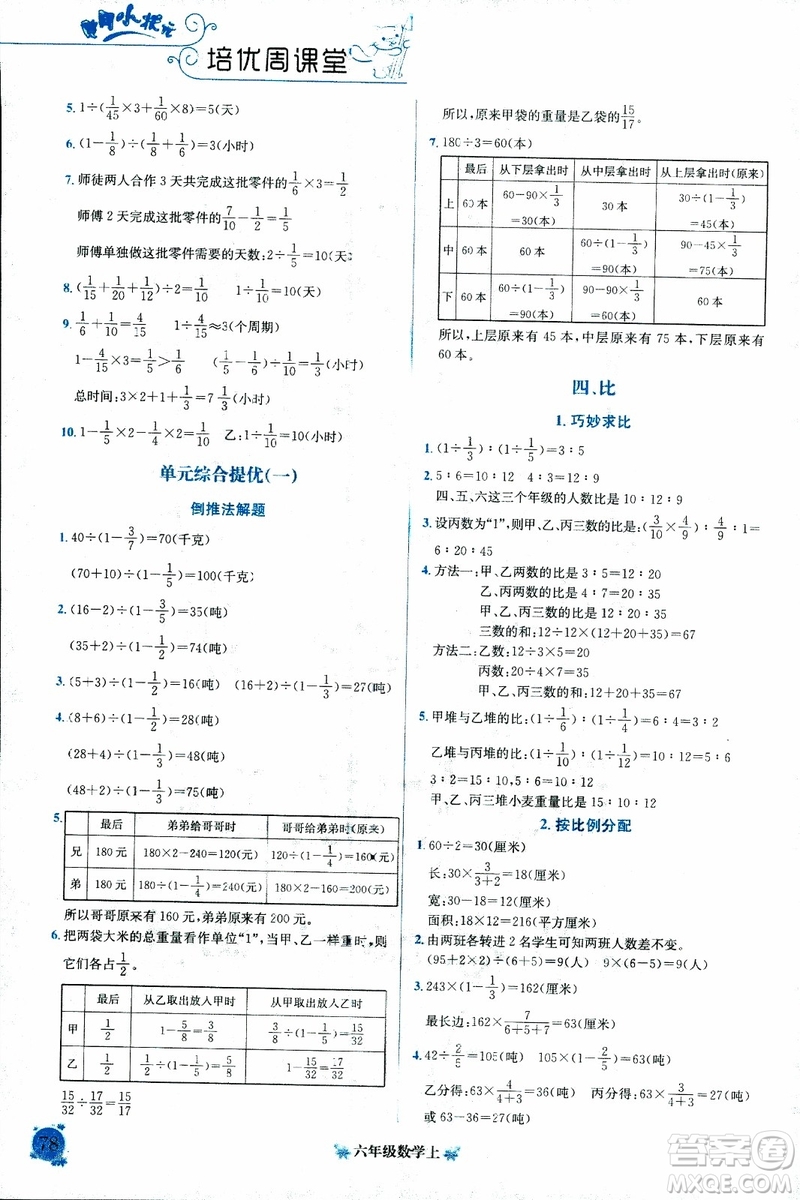 9787508845357黃岡小狀元培優(yōu)周課堂六年級上數(shù)學(xué)2018參考答案