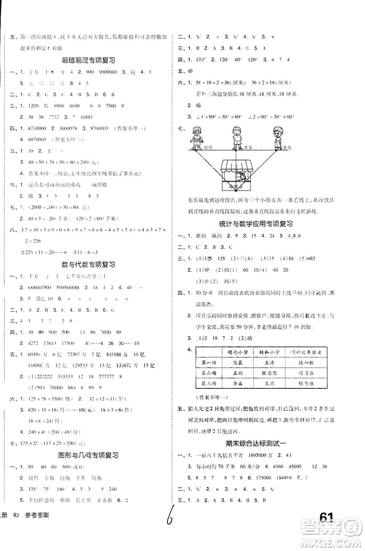 全品小復(fù)習(xí)2018數(shù)學(xué)四年級(jí)上冊(cè)人教版參考答案