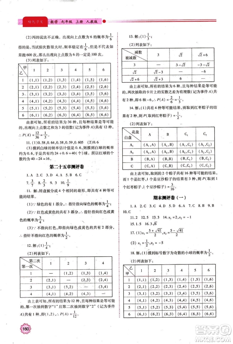 2018年績優(yōu)學案數學九年級上冊人教版參考答案