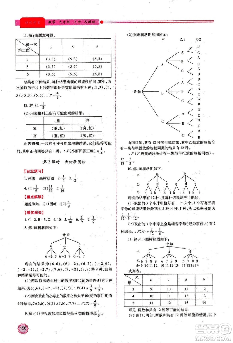 2018年績優(yōu)學案數學九年級上冊人教版參考答案