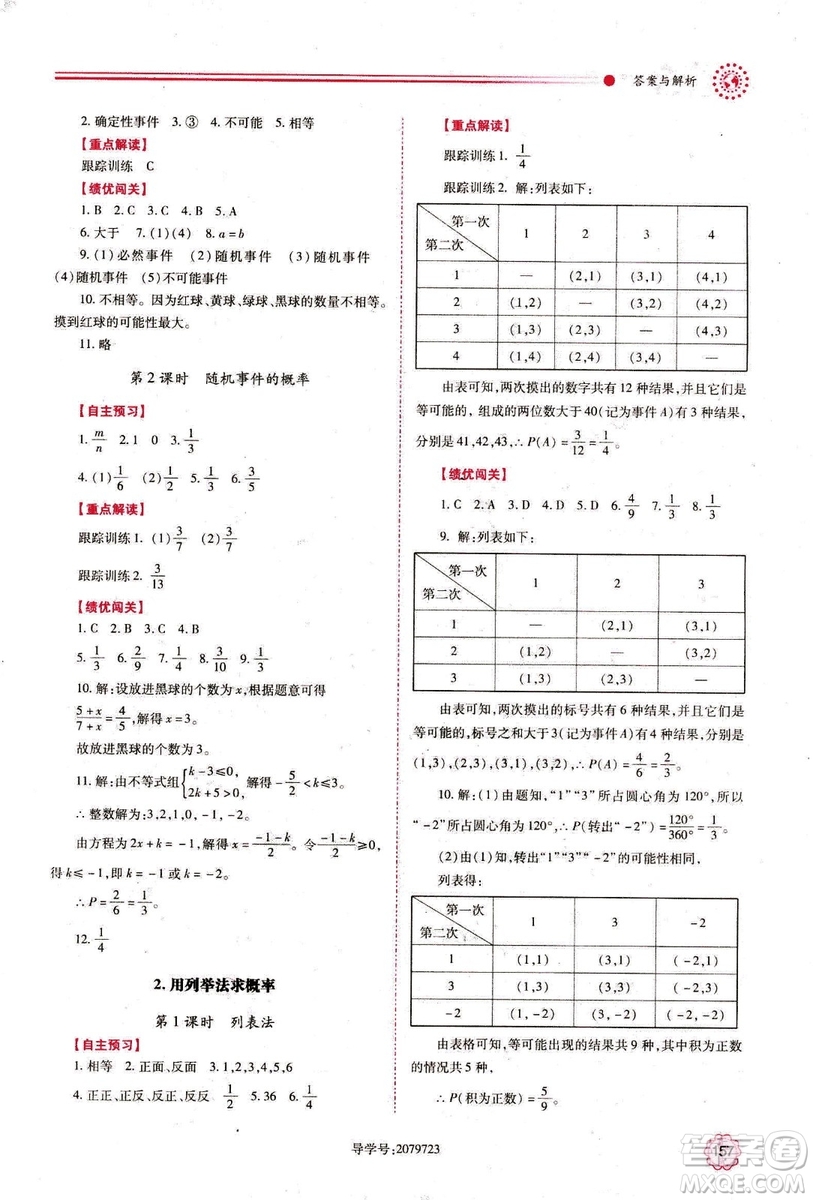 2018年績優(yōu)學案數學九年級上冊人教版參考答案