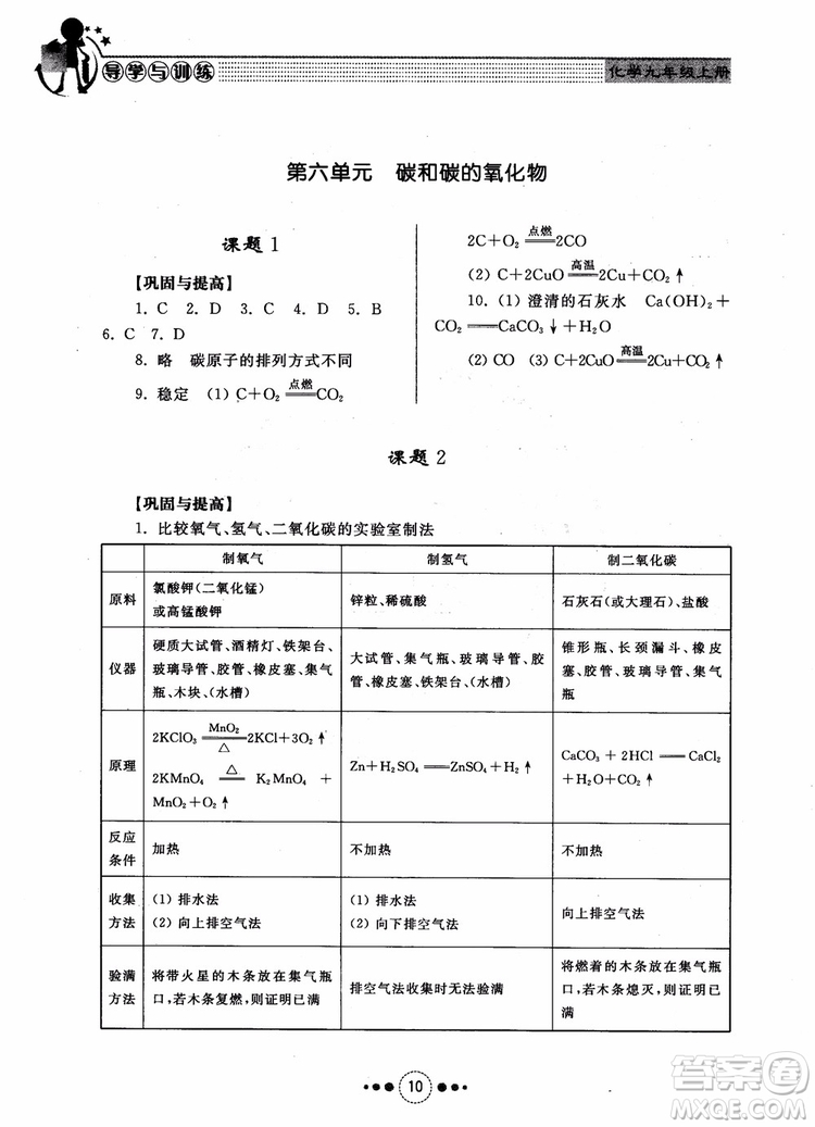 2018年人教版初中化學(xué)九年級上冊導(dǎo)學(xué)與訓(xùn)練參考答案