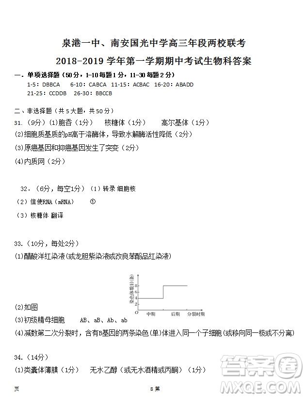 2019屆福建省泉州市泉港一中南安市國光中學(xué)高三上學(xué)期期中聯(lián)考試題生物答案