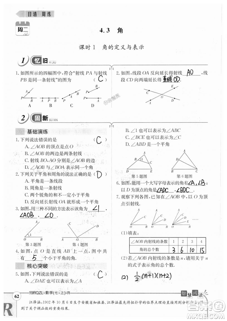 2019新版日清周練七年級數(shù)學(xué)上冊人教版參考答案