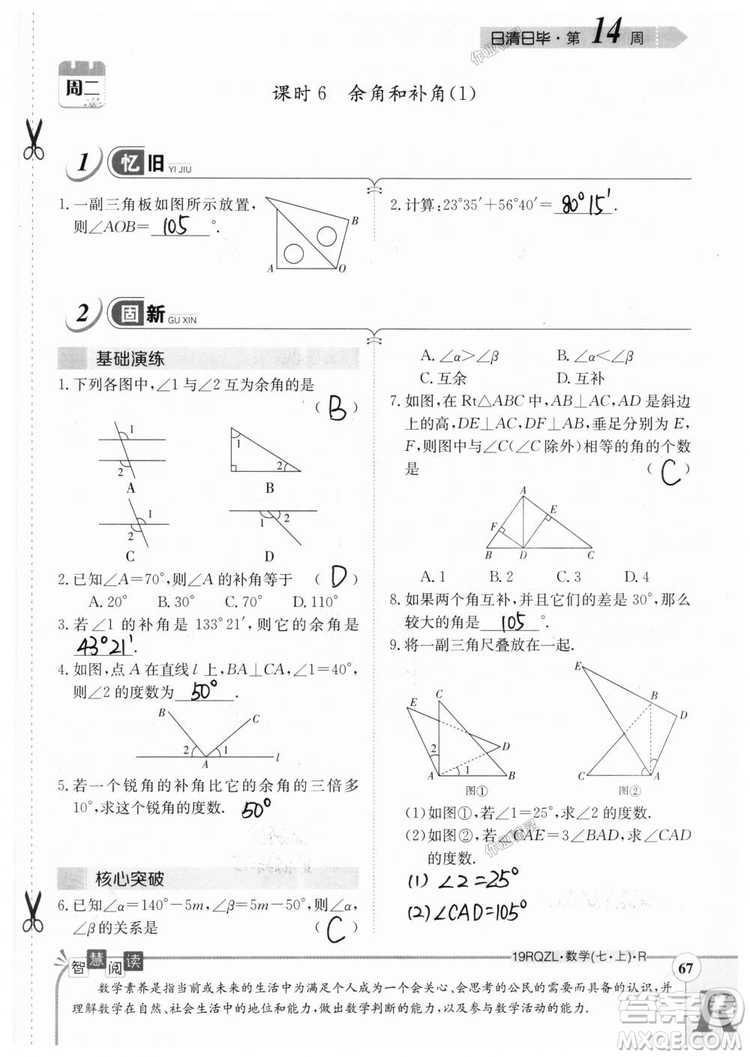 2019新版日清周練七年級數(shù)學(xué)上冊人教版參考答案