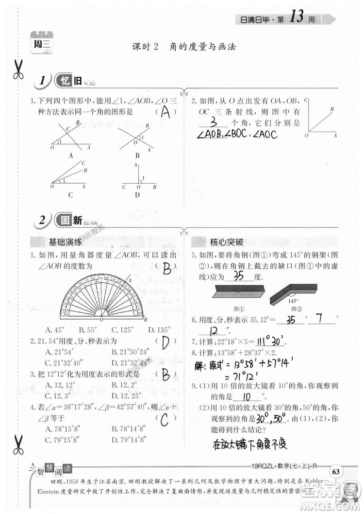 2019新版日清周練七年級數(shù)學(xué)上冊人教版參考答案