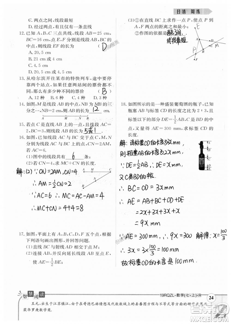 2019新版日清周練七年級數(shù)學(xué)上冊人教版參考答案