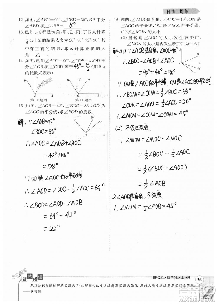 2019新版日清周練七年級數(shù)學(xué)上冊人教版參考答案