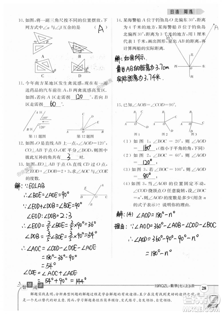 2019新版日清周練七年級數(shù)學(xué)上冊人教版參考答案