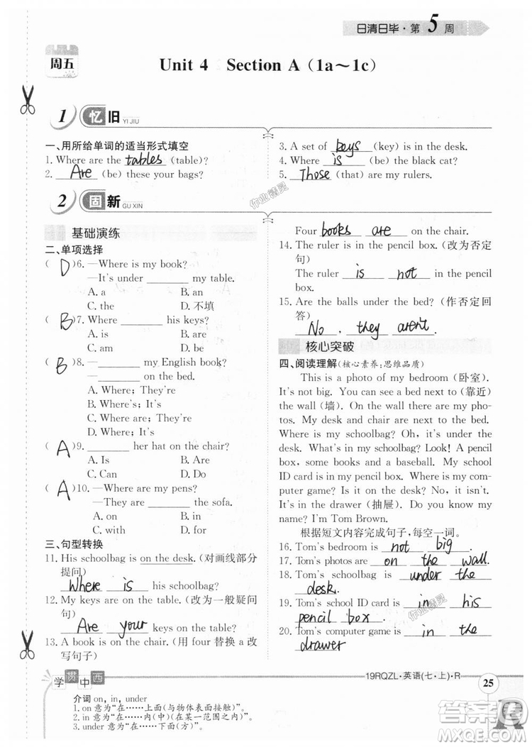 金太陽教育2019人教版日清周練七年級英語上冊參考答案