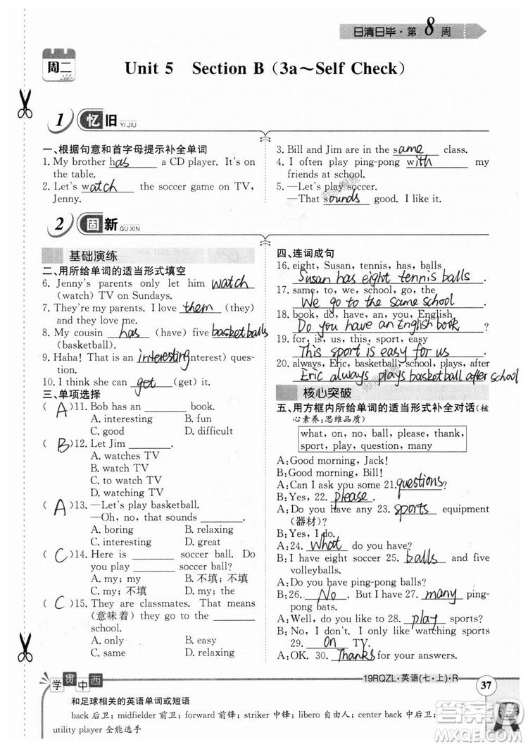 金太陽教育2019人教版日清周練七年級英語上冊參考答案