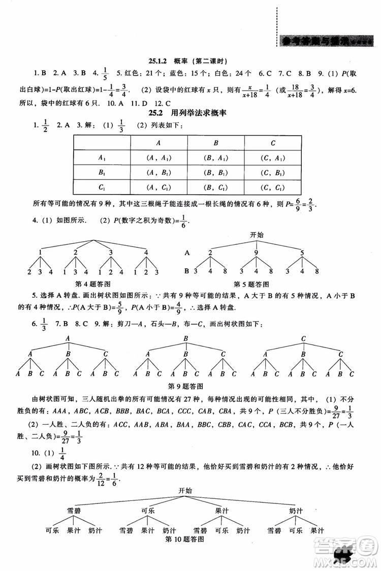 人教版2018新課程能力培養(yǎng)數(shù)學九年級上冊參考答案